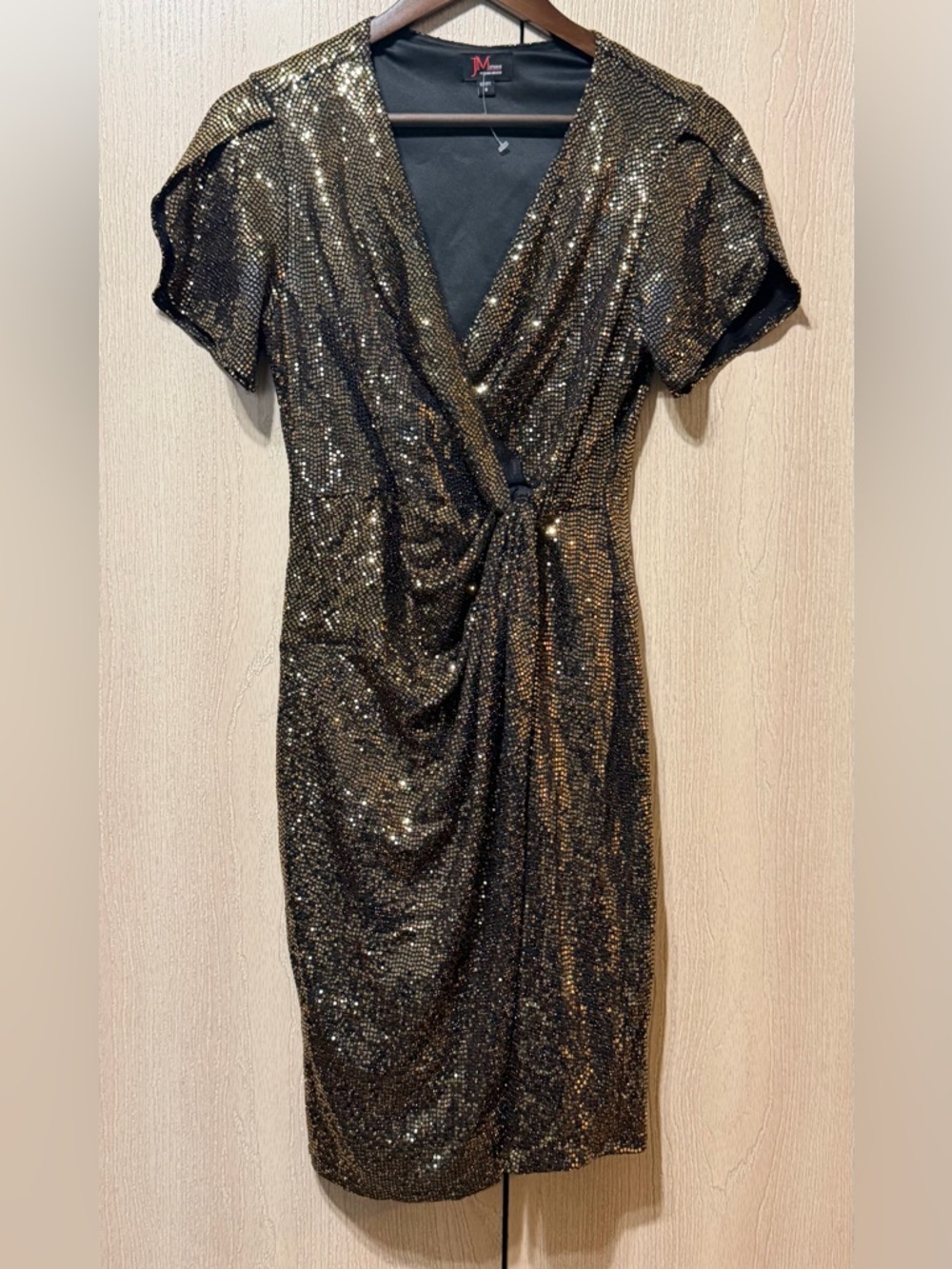 Metallic Gold Sequin Wrap Midi Dress